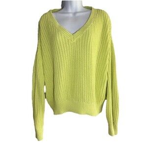 Victorias Secret PINK Womens V-Neck Cozy Knit Pullover Sweater-Neon Lime Green L